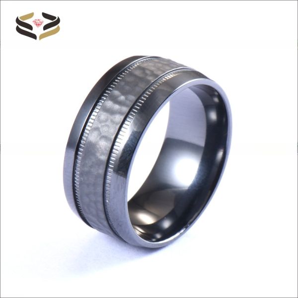 Third Party Appraisal Geometric 8mm Custom Dome Edge Hammered Two Gear Pattern Black Zirconium Ring for Men Wedding Band