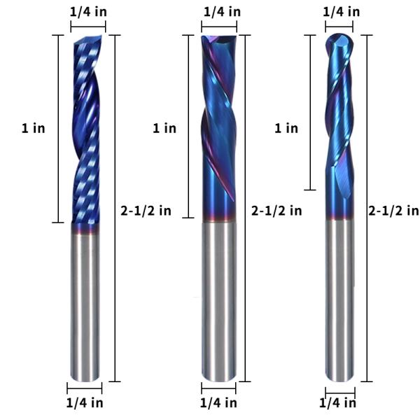 1/4*2-1/2  HRC65 2 Flute  Nano Blue Coating  CNC Router Bit Sets Solid Carbide Endmill for Wood Carving Bit Set