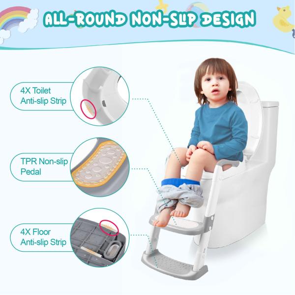 Grey + White 3 In 1 Potty Training Toilet Seat With Step Stool Ladder For 1-6 Year'S Old