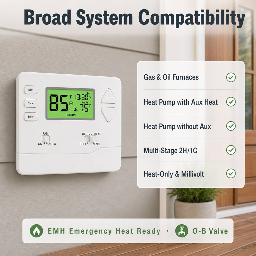 Riseem 1 Amp Per Terminal Load Rating Heat Pump Thermostat for System Operation in Conventional Or Heat Pump Applications