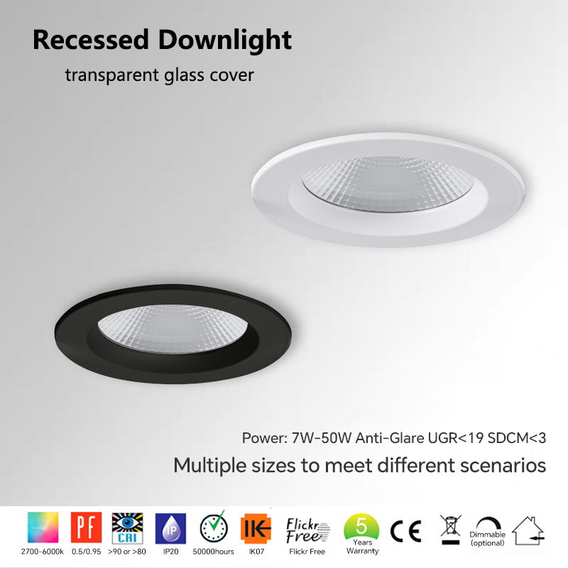 Factory Price Recessed COB LED Downlight 20W 30W 50W CCT Adjustable Power Dimmable CRI90 Ceiling Down Light