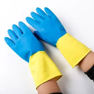 Blue Yellow Latex Industrial Bicolor Glove Home Flocked Chemical Resistance