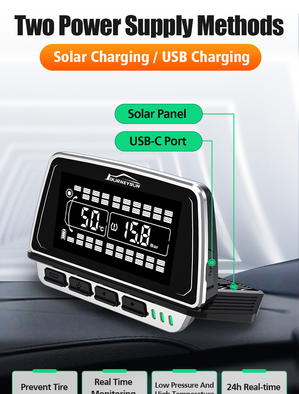 JYS TPMS Wireless Truck Tire Pressure Monitor Solar Powered Large Screen Real-Time Temperature Alarm G01 Model >12V 1 Year High