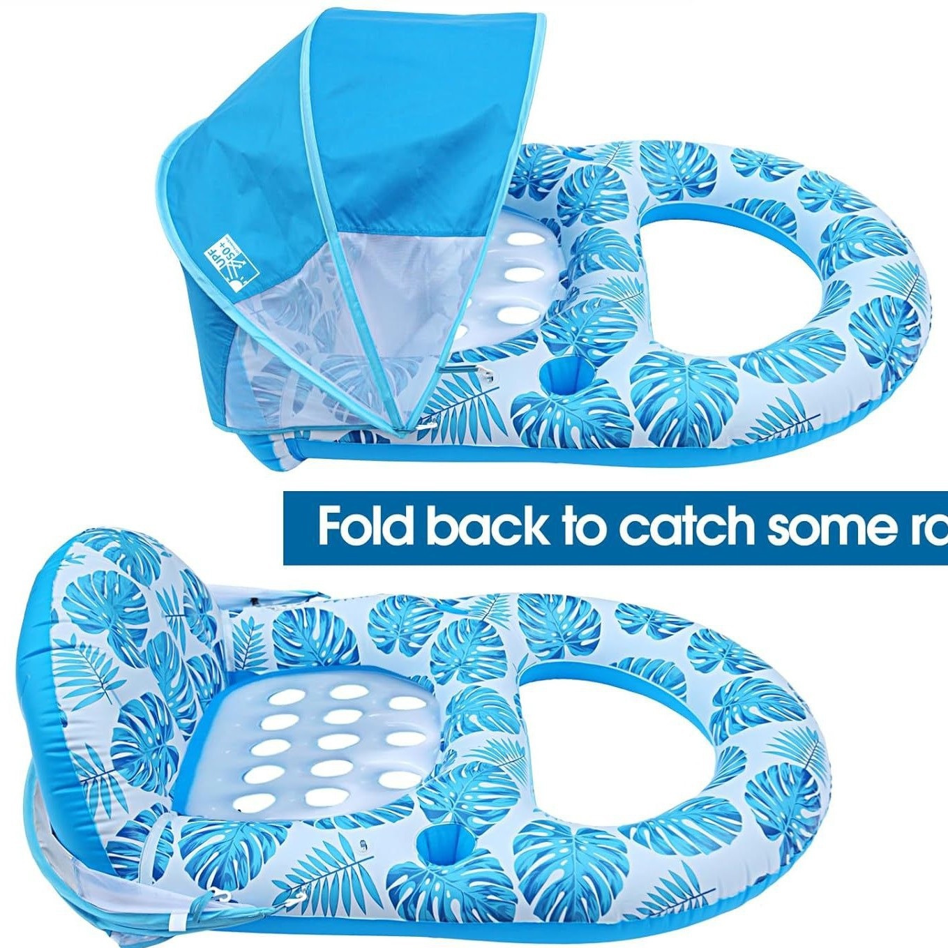 PVC Inflatable Sunshade Floating Bed Canopy Pool Lounge Chair Detachable Floating Raft Backrest Hollow-Design for Beach Water