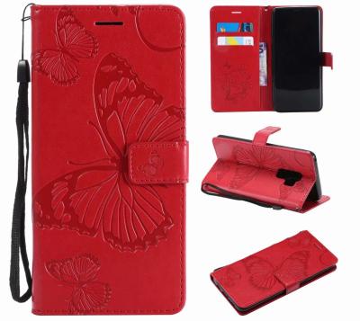 Samsung S9 Plus Embossing 3D Butterfly Leather Bracket Stand Wallet Case with wristlet strap