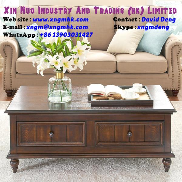 Rubber wood walnut color drawer style retro square coffee table