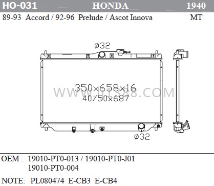 Prelude 92-96 19010-PT0-013 honda motorcycle radiator 19010-PT0-J01 19010-PT0-004