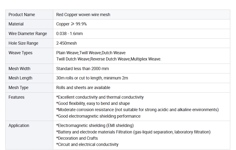 Premium 99.98% Pure Copper Wire Mesh with Plain Weave for Industrial Filtration and Screening