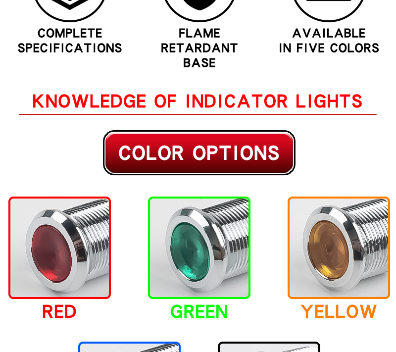12MM Metal LED Warning indicator light Signal Lamp Pilot Wires switch 6/12/24/220V Red Green Blue White Yellow
