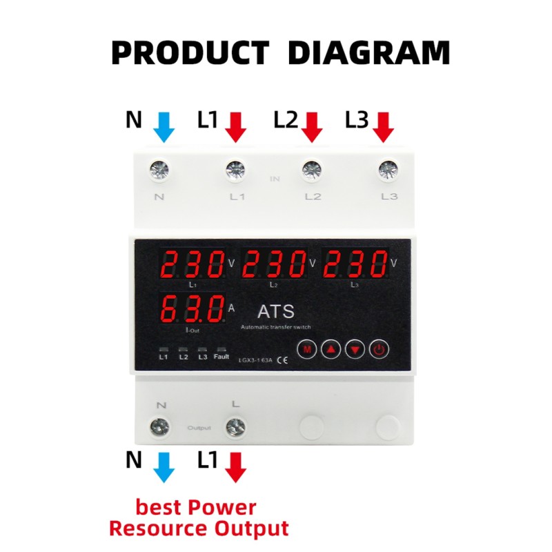Automatic Transfer Switch (ATS) PC 63A/100A Three Phase Uninterrupted Power Stabilizer Voltage Protector Phase Selector
