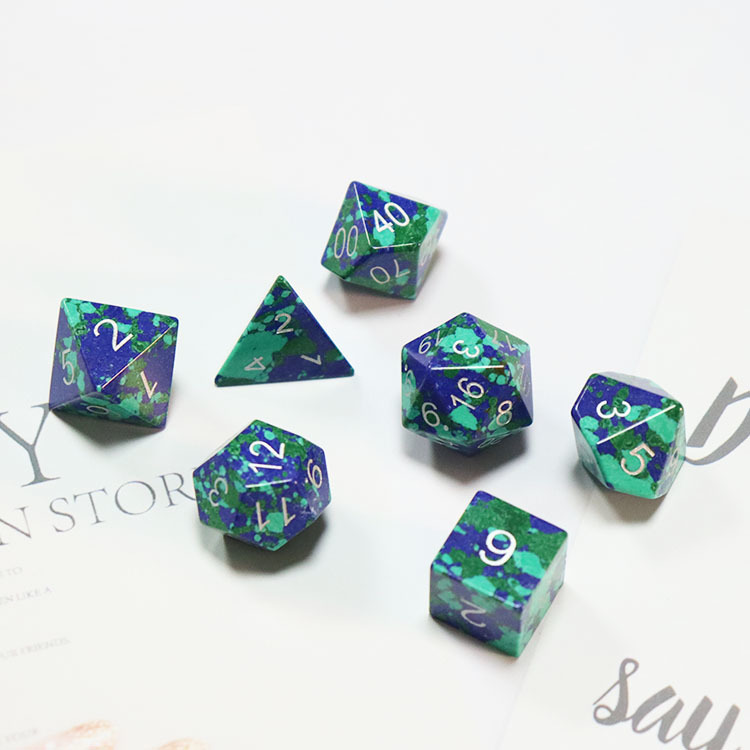 Natural Azurite Malachite Stone Polyhedral Dice Set - Hand Carved DND Dice with Silver Ink Engraved Numbers