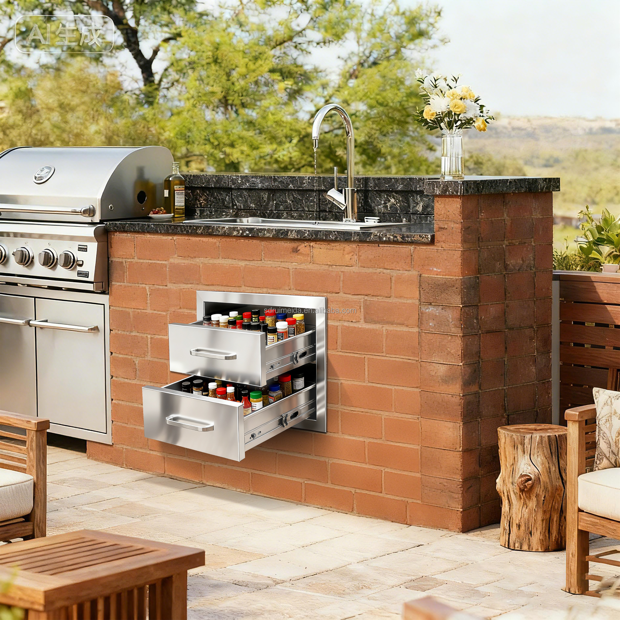 Dustproof Windproof Corrosion Resistant Stainless Steel Outdoor Kitchen Drawer with Smooth Slide Rails