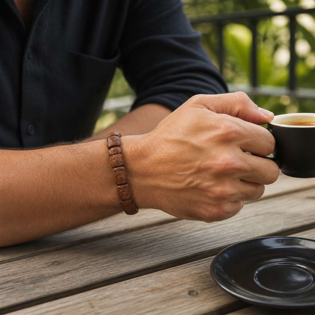 Natural Cypress Wood Taoist Bracelet with Hand-Carved Beads and Matte Smooth Finish for Meditation