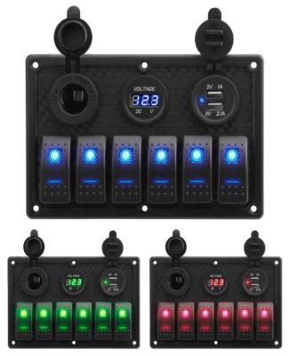 Waterproof Marine Boat Rocker Switch Panel 6 Gang With Dual USB Socket 3.1A Volt Meter Blue LED Light