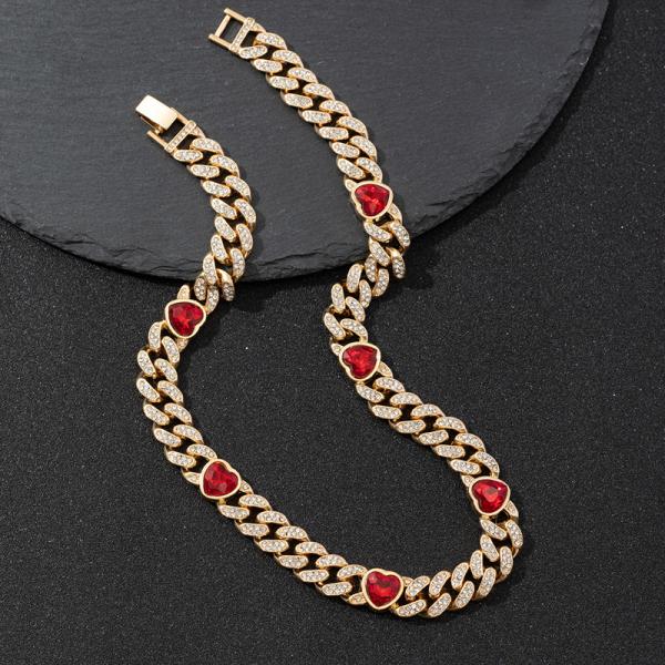 Fashionable Red Heart Necklace Hiphop Heart Cuban Chain Link Necklace For Women Men Hip Hop Rapper Jewelry Gifts