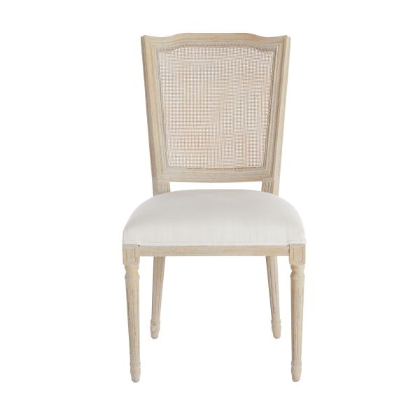 French-Style Dining Chair with Carved Details, Natural Rattan Back, and Linen Upholstered Seat