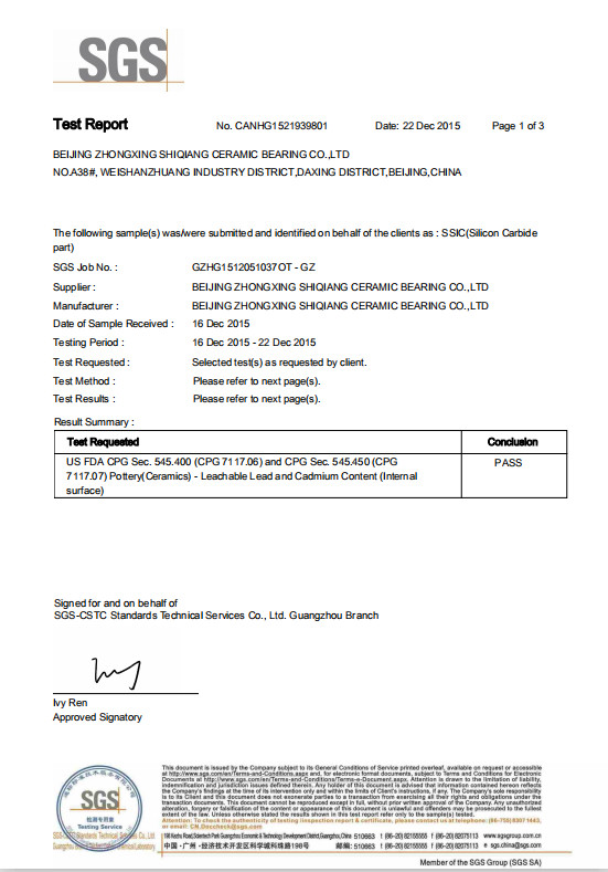 Beijing Zhongxing Shiqiang CERAMIC BEARING Co., Ltd. Сертификации