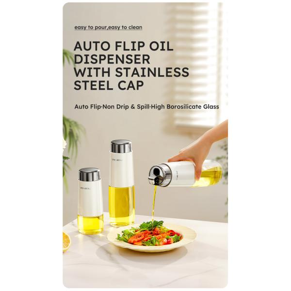 280ml 500ml Kitchen Glass Auto Flip Oil Dispenser Cooking Leakproof No Drip Stainless Steel Cap Oil Container Soy Sauce Bottle