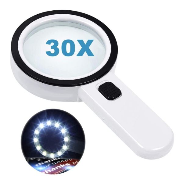 30x Portable High Power Handheld Magnifying Glass With 12 Led Light Double Glass Lens Jumbo Illuminated Magnifier Glasses