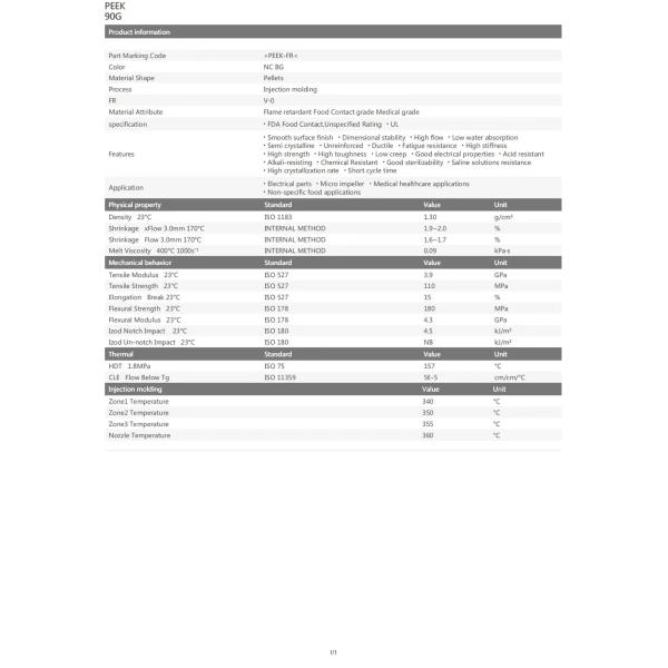PEEK UK Wiggs 90G Retardante de llama de grado alimenticio de alta fluidez Resistencia química de grado médico Aplicaciones de dispositivos médicos de grado médico Aplicaciones de piezas aeroespaciales Aplicaciones de la industria automotriz