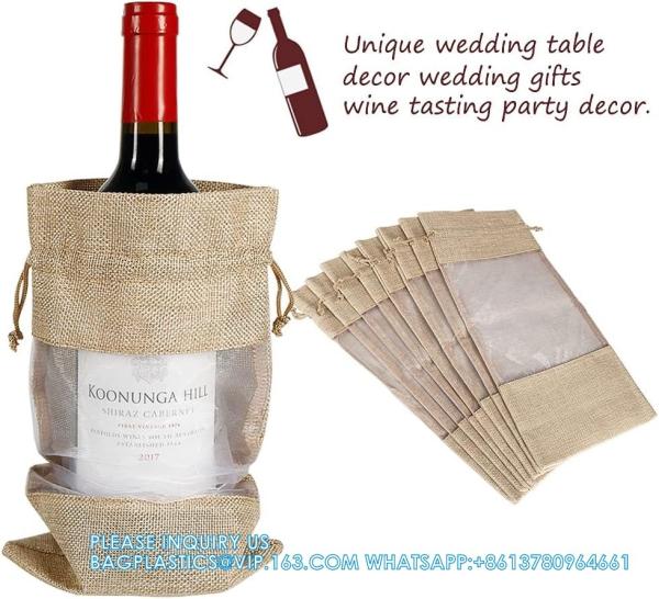 Jute Wine Bags, 10pcs Burlap Wine Bottle Gift Bags 750ml With Sheer Window Organza Hessian Drawstring Gift Bags