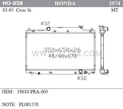 19010-PRA-003 Car Radiator System For Honda Civic Si'02-05
