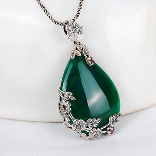 Vintage Jewelry 925 Silver Marcasite Drop Green Agate Pendant Necklace 18 Inches(LN001GREEN)