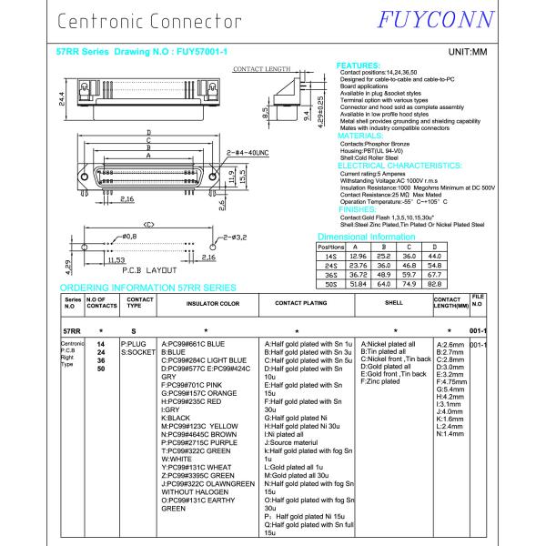 Разъем замка доски PCB тесемки чемпиона Pin Centronic 14 прямоугольный женский