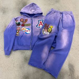 Clothing Manufacturers Custom Acid Washed Vintage Embroidery Patches Hoodies Heavyweight Wide Leg Pant Hoodie and Sweatpants Set