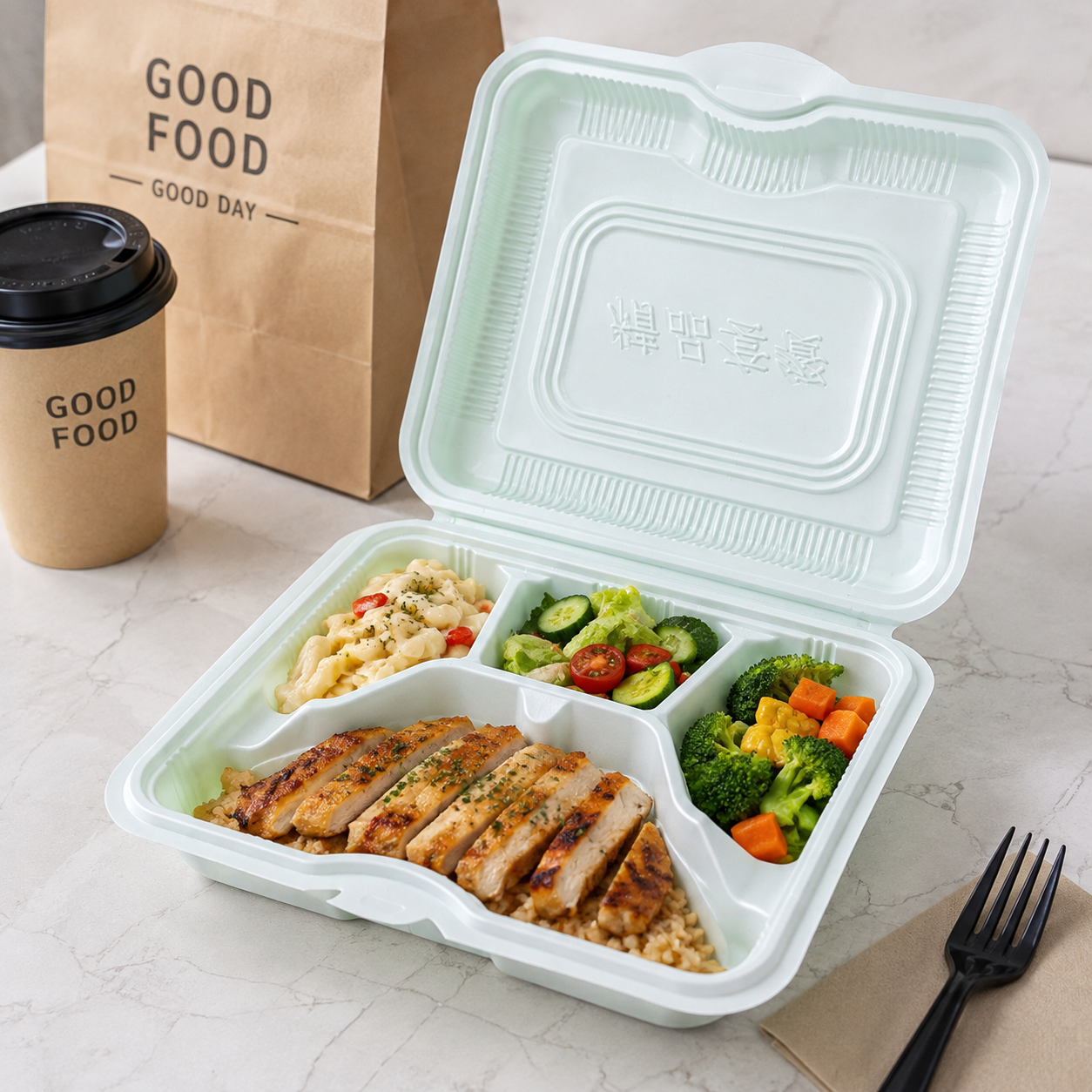 Four Compartment PP Clamshell Takeout Containers Green White for Complete Meal Sets