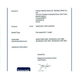 Foshan Nanhai Sannora Sanitary Ware Co., Ltd. Сертификации