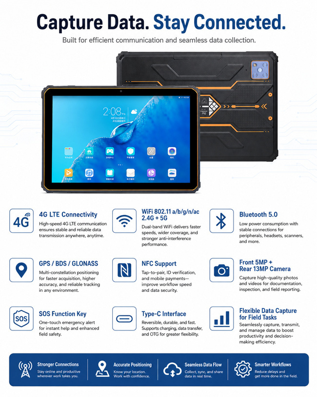 Site Survey Rugged Tablet with 10.1 Inch Display for Inspection Checks and Work Logs