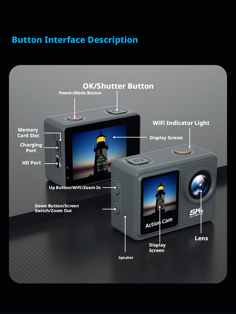 5K Dual Screen Action Camera 30M Waterproof EIS Stabilization Sports Camera for Outdoor