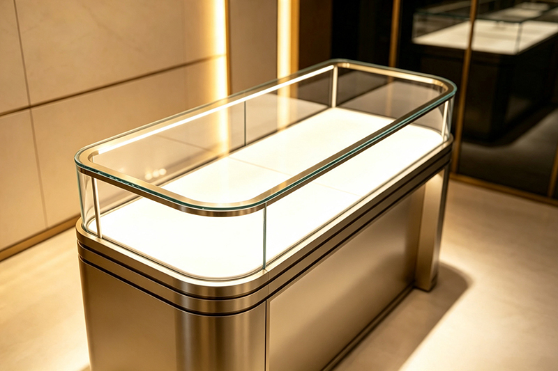Custom Curved Tempered Glass Stainless Steel Jewelry Display Counter with Lockable Storage for Luxury Jewelry Stores