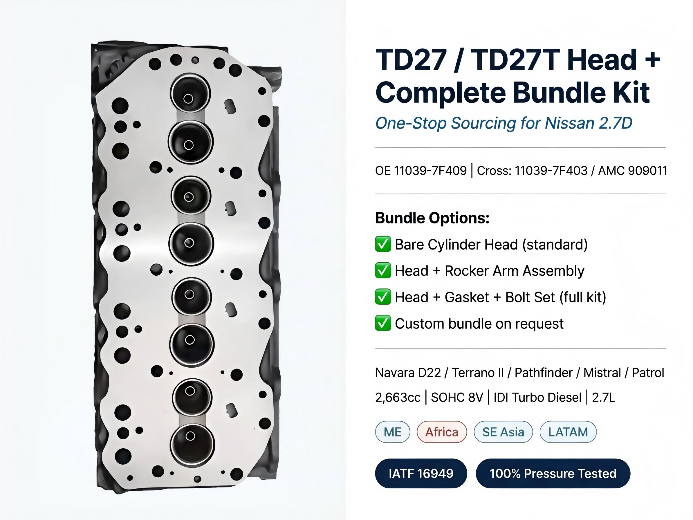 TD27 TD27T Complete Cylinder Head Assembly for Nissan D22 Navara Pickup Terrano Mistral 11039-7F409