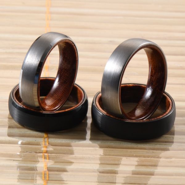 Tungsten Ring Men's Women's 6mm Silver or Black Plated Wedding Engagement Band Rose Wood Inside Beveled Edges Comfort Fit