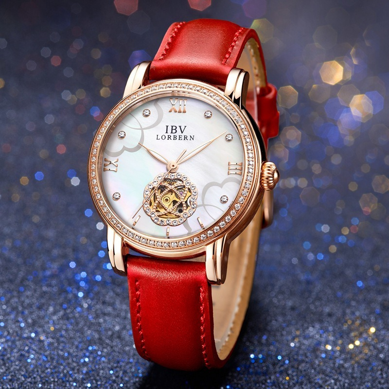 Rose Gold Skeleton Mechanical Ladies Watch Mother Of Pearl Dial Crystal Bezel Genuine Leather Strap 3 Colors Luxury Women Dress Wrist Watch Gift