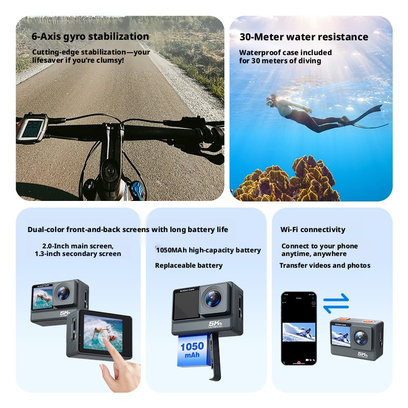 DLC 30M Depth Waterproof 6 Axis Gyro Stabilization  Action Cam Dual Selfie Screen WiFi Mobile Control Outdoor Sports Camera