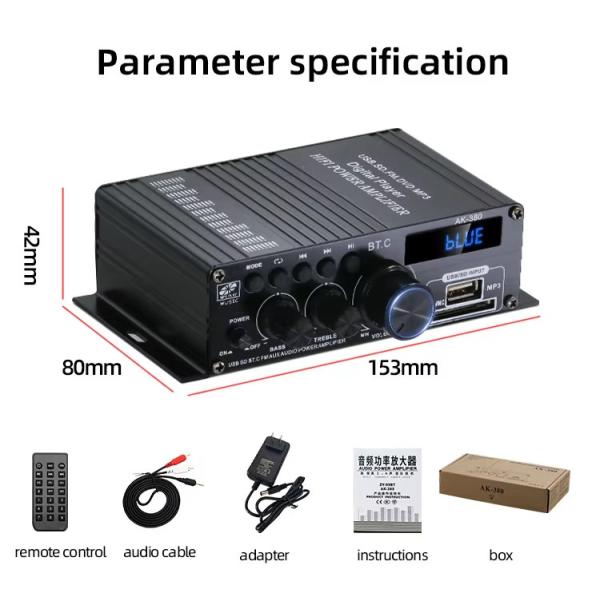 AK-380 2.0 Channel Bluetooth v5.0 Audio Amplifier with 100-300W Output Power for Home Theater
