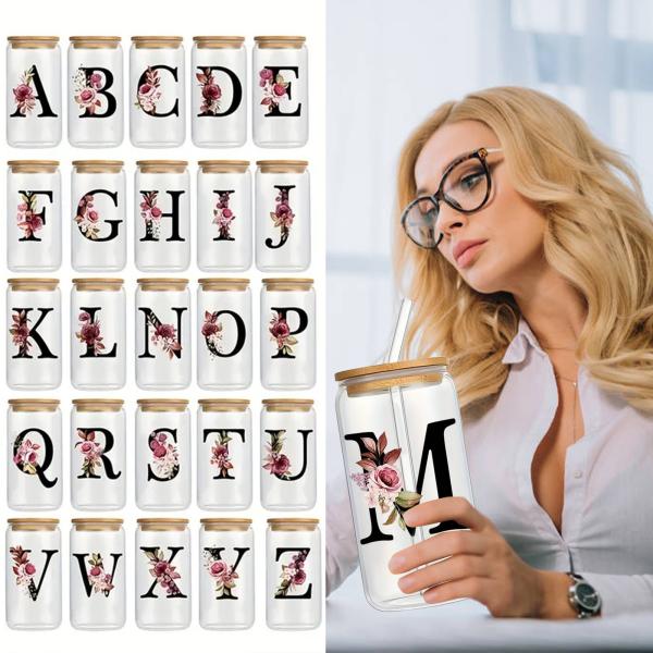 Exquisite Customized Logo 16oz Sublimation Glass Water Bottle Clear Floral Letters Coke Can Glass Cups With Bamboo Lid And Straw 8*15cm