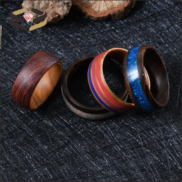 Naturaleza de la boda Koa Anillos de madera 8mm incrustación de ópal de fuego blanco con configuración invisible