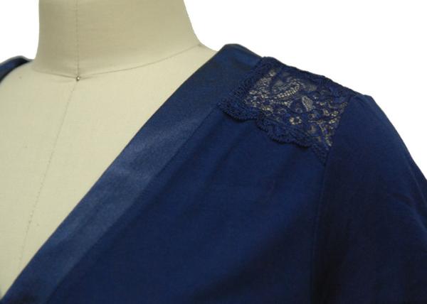 Navy Blue V Neck Short Sleeve T Shirt  , Plus Size Womens Dressy T Shirts Lace Shoulder