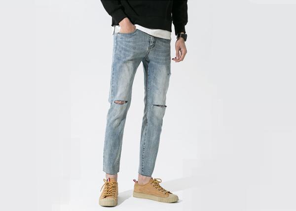 28-36 Lignt Blue Jeans Men'S Denim Pants With Rips Slim Fit Cotton Fabric