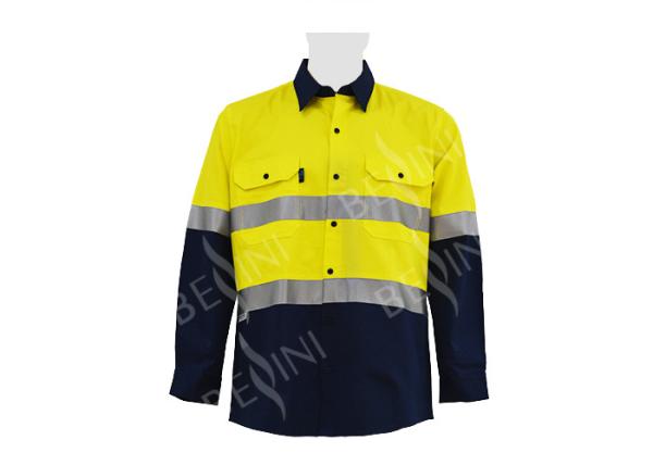 100% Cotton Two Tone Safety Work Clothes With 5CM Reflective Tape Chest Pockets