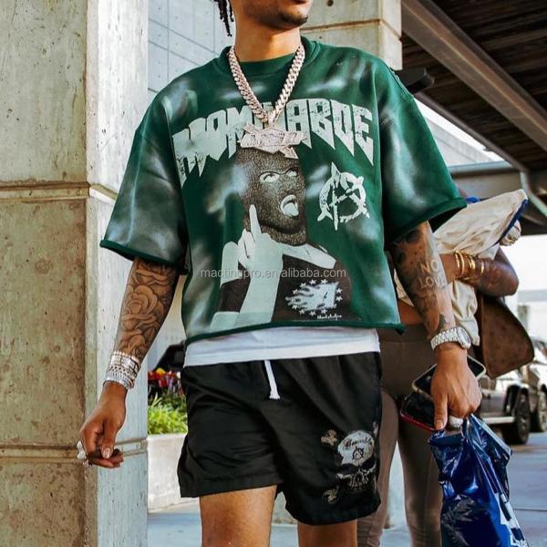 Men's Custom Streetwear Vintage Acid Wash Sun Faded Raw Hem Boxy Fit Crop Top T-Shirt