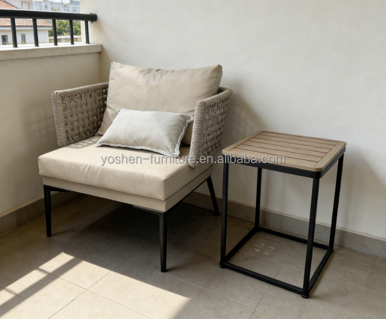 Modern Handwoven Rope Lounge Chair with Matching Cushion Set Black Frame for Hotel Resort Villa
