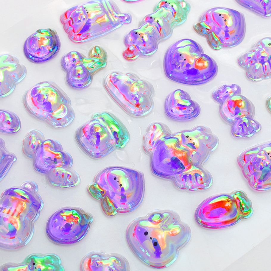 Custom 3D holographic shine stickers Iridescent Rainbow Film Aurora Shimmer Bubble Epoxy Cartoon Stickers