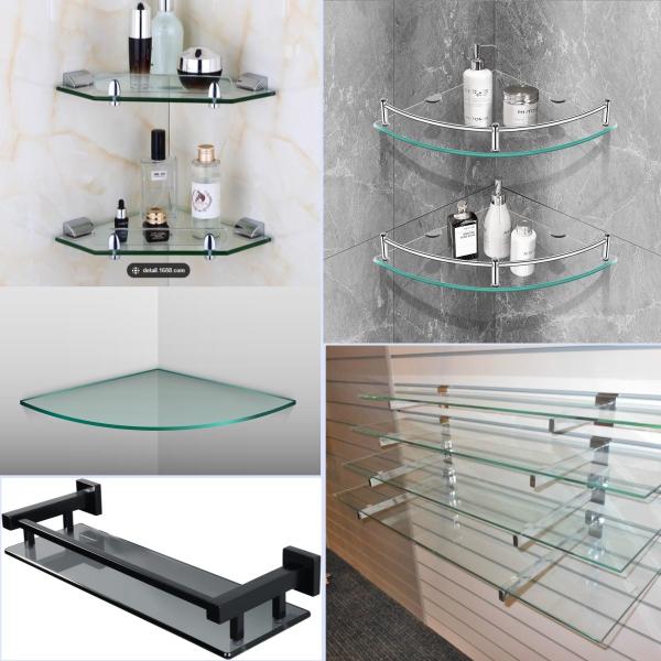 4mm 5mm 6mm 8mm Tempered Glass Corner Shower Shelf Toughened Glass Shelf Holder Polish Edge Corner Glass Shelf For Bathroom