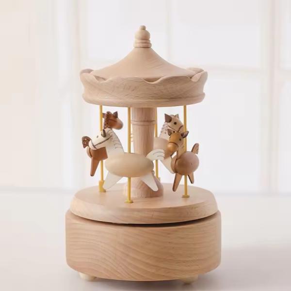 Hot Selling Wooden Carousel Music Box Christmas Birthday Gift for Kids Home Office Decorations with Mechanical Play Power