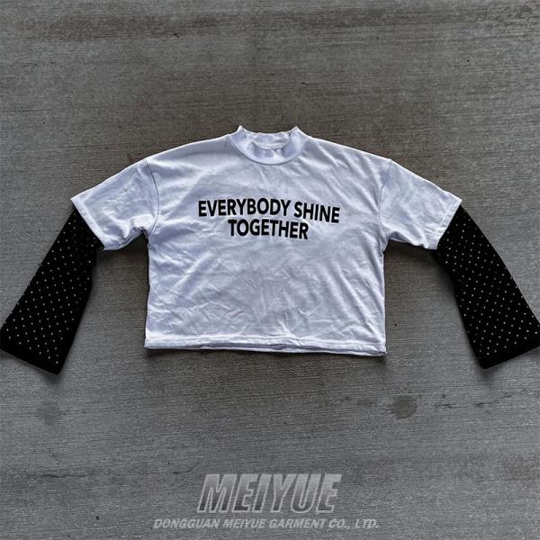 Custom Screen Print Logo Double Layer Rhinestone Long Sleeve Boxy Tshirt Distressed Tee Men Vintage Sweatshirt T Shirt for Men